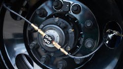 The AirBoxOne trailer telematics solution from Drōv Technologies integrates with several wheel sensors, including the SKF Wheel-end Monitor that monitors wheel-end vibration and temperature (pictured here at top of wheel). The AirBoxOne trailer telematics solution from Drōv Technologies integrates with several wheel sensors, including the SKF Wheel-end Monitor that monitors wheel-end vibration and temperature (pictured here at top of wheel).