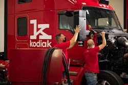 Kodiak Robotics’ mirror pods—which include one Hesai LiDAR, two long-range 4D radars, and three cameras—were designed for easy upfit and repair. Kodiak Robotics’ mirror pods—which include one Hesai LiDAR, two long-range 4D radars, and three cameras—were designed for easy upfit and repair.