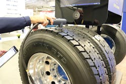 Goodyear's Tire Optix digital tread tool sends data immediately to a mobile app. Goodyear's Tire Optix digital tread tool sends data immediately to a mobile app.