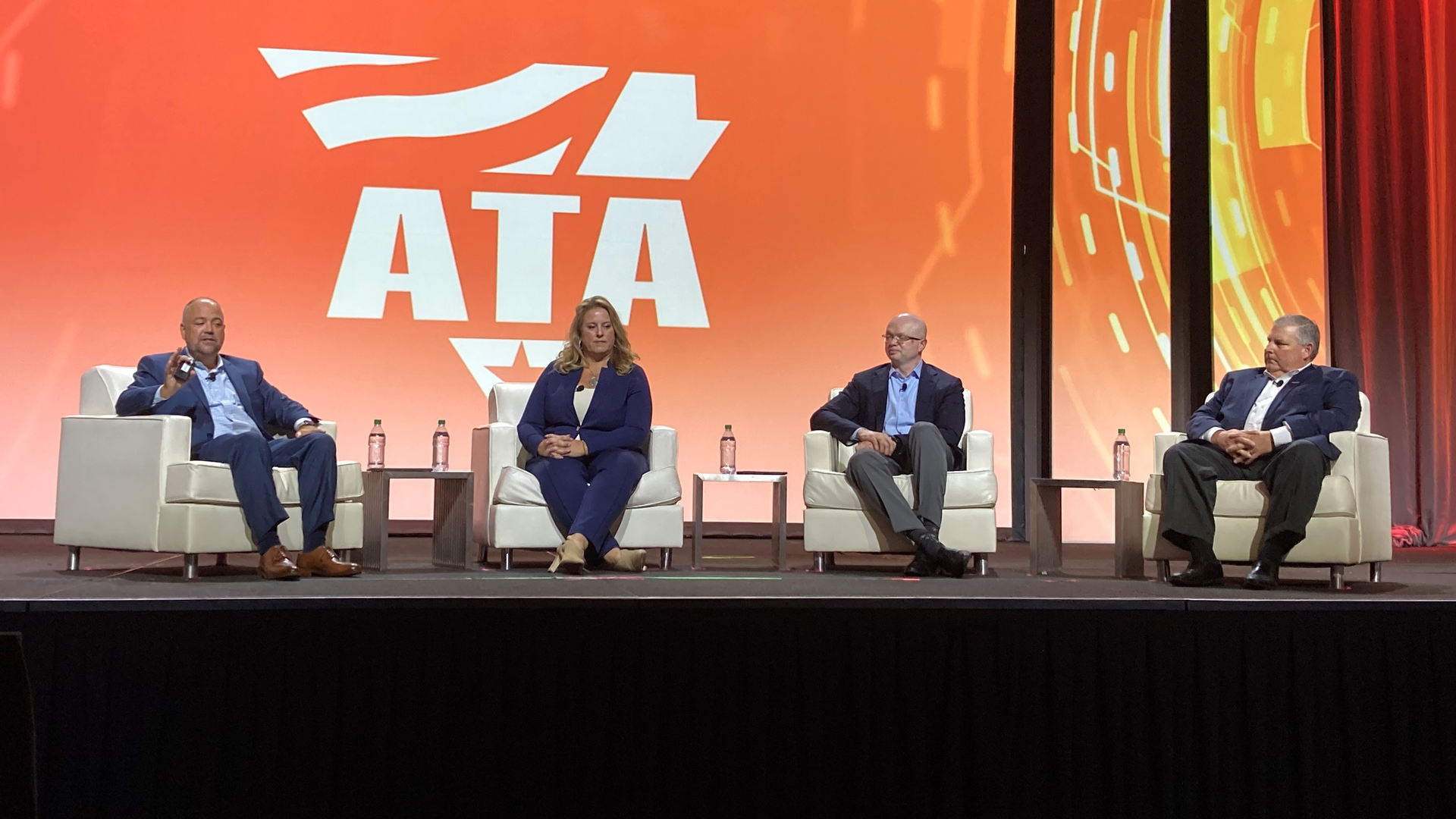 From left, Bob Costello, ATA's chief economist, Cari Baylor, president of Baylor Trucking; Shameek Konar, CEO of Pilot Flying J; and Jeffrey Pape, US Bank SVP discuss market challenges during ATA's MCE 2021 in Nashville.