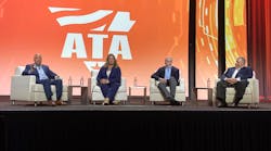 From left, Bob Costello, ATA&apos;s chief economist, Cari Baylor, president of Baylor Trucking; Shameek Konar, CEO of Pilot Flying J; and Jeffrey Pape, US Bank SVP discuss market challenges during ATA&apos;s MCE 2021 in Nashville.