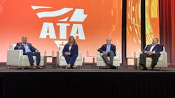 From left, Bob Costello, ATA's chief economist, Cari Baylor, president of Baylor Trucking; Shameek Konar, CEO of Pilot Flying J; and Jeffrey Pape, US Bank SVP discuss market challenges during ATA's MCE 2021 in Nashville. From left, Bob Costello, ATA's chief economist, Cari Baylor, president of Baylor Trucking; Shameek Konar, CEO of Pilot Flying J; and Jeffrey Pape, US Bank SVP discuss market challenges during ATA's MCE 2021 in Nashville.