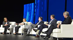 Discussing supply chain challenges during a luncheon session at the ATA convention are, from left, moderator Shelley Simpson, J.B. Hunt; Gail Rutkowski, NASSTRAC; John Butler, World Shipping Council; Ian Jefferies, Association of American Railroads; and Chis Spear, ATA.