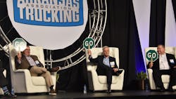 From left, John Culp, president, Maverick Transportation; Craig Harper, chief sustainability officer and executive vice president, J.B. Hunt Transport Services Inc.; and John Smith, president and CEO, FedEx Ground signify their support for various new fleet technologies. From left, John Culp, president, Maverick Transportation; Craig Harper, chief sustainability officer and executive vice president, J.B. Hunt Transport Services Inc.; and John Smith, president and CEO, FedEx Ground signify their support for various new fleet technologies.