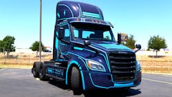 New Legend Inc., a Phoenix-based fleet, shows off one of 50 Freightliner eCascadias it bought this year. New Legend Inc., a Phoenix-based fleet, shows off one of 50 Freightliner eCascadias it bought this year.
