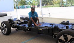 Subject-matter expert Mohammad Abbas points out the location of the Lightning's battery. “Ford always touts having cross-through members in their chassis, but with the battery located where it is, we cannot have as many of them,' Abbas said. 'So what we’ve done is, underneath the truck, there is an under-vehicle brace, which connects both sides of the chassis together. It causes rigidity, reduces flex, and it is what is holding the battery. So to get to the battery, you undo eight bolts, four on each side, and dealers will have a special hoist (to lift the vehicle), and the hydraulic hoist will then bring the battery down to floor level.” Subject-matter expert Mohammad Abbas points out the location of the Lightning's battery. “Ford always touts having cross-through members in their chassis, but with the battery located where it is, we cannot have as many of them,' Abbas said. 'So what we’ve done is, underneath the truck, there is an under-vehicle brace, which connects both sides of the chassis together. It causes rigidity, reduces flex, and it is what is holding the battery. So to get to the battery, you undo eight bolts, four on each side, and dealers will have a special hoist (to lift the vehicle), and the hydraulic hoist will then bring the battery down to floor level.”