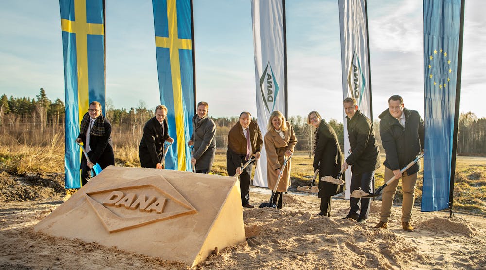 Pictured, from left: Robert Boffey, Plant Manager, Dana Sweden; Patrick Palm, Managing Director, Dana Sweden; Gunnar Stein, VP, European Commercial Vehicle, Dana; Antonio Valencia, President of Dana Power Technologies and Global Electrification; Anna Hallberg, Minister for Foreign Trade and Nordic Affairs, Kristina Jon&auml;ng, Regional Head of Business Development West Sweden; Jan Larsson, CEO Business Sweden; Michael Karlsson, Mayor of &angst;m&aring;l.