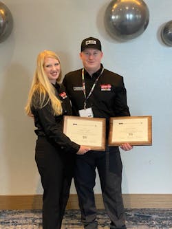 Lucas Coyle holding his two plaques for winning the Transmission and Lighting stations at TMC SuperTech '21. Lucas Coyle holding his two plaques for winning the Transmission and Lighting stations at TMC SuperTech '21.