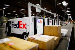 The FedEx Express EV600 vehicles from BrightDrop hooked to charging infrastructure. The FedEx Express EV600 vehicles from BrightDrop hooked to charging infrastructure.