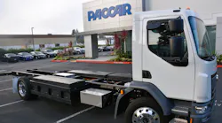 The Kenworth K270E truck body chassis sits in front of the Paccar Innovation Center in Sunnyvale, California.