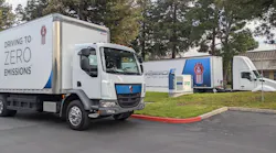 Kenworth shows off its medium-duty K270/K370E, left, and heavy-duty T680E, which are available for order.