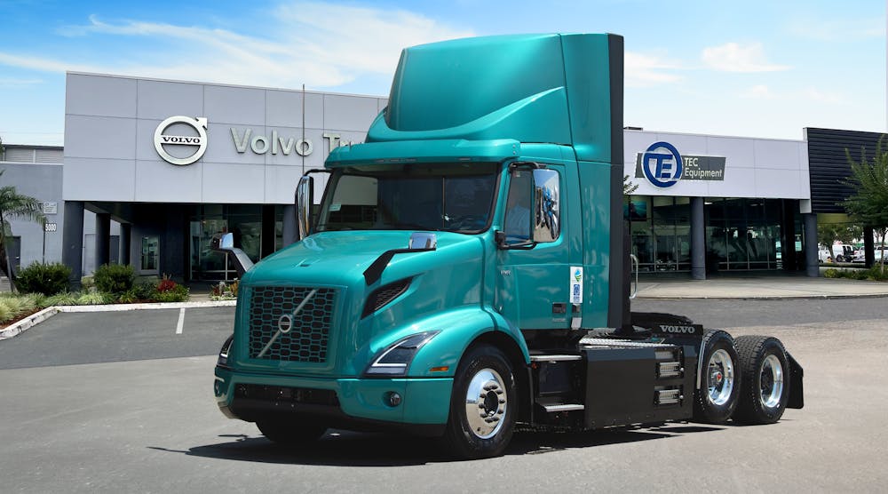 A Volvo VNR Electric outside of TEC Equipment La Mirada which recently became the dealership&rsquo;s second Volvo Trucks EV Certified Dealer location.