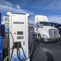 A Paccar Parts EV charging station and an electric Kenworth T680E on the Central Plaza of the Las Vegas Convention Center during CES 2022. A Paccar Parts EV charging station and an electric Kenworth T680E on the Central Plaza of the Las Vegas Convention Center during CES 2022.