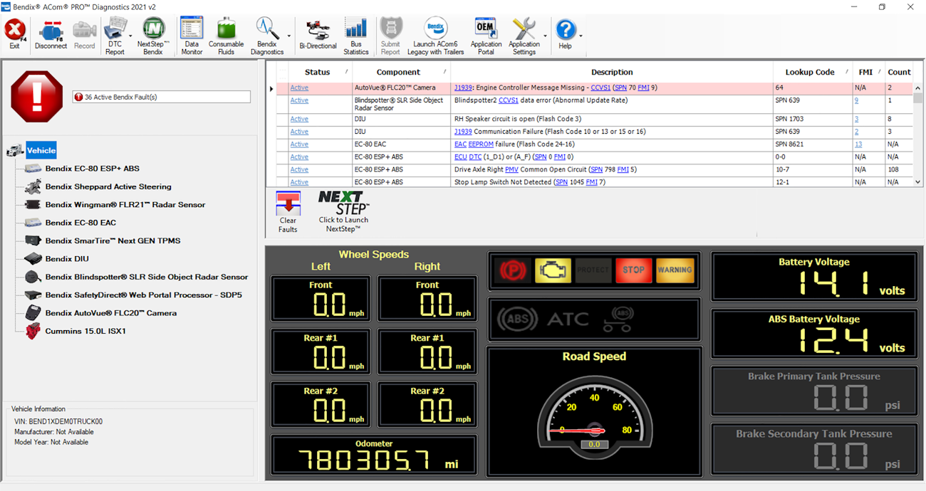 The ACom PRO software automatically detects and gathers active and inactive DTCs from all Bendix ECUs on the vehicle.