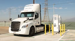 Southern California Edison (SCE), the primary electricity supply company for much of southern California, shows off a Class 8 Freightliner Cascadia charging at a Velocity Truck Centers dealership in 2020. Southern California Edison (SCE), the primary electricity supply company for much of southern California, shows off a Class 8 Freightliner Cascadia charging at a Velocity Truck Centers dealership in 2020.