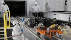 Navistar’s new San Antonio assembly plant paint booths use a dry filtration system to optimize paint usage and reduce product waste. Navistar’s new San Antonio assembly plant paint booths use a dry filtration system to optimize paint usage and reduce product waste.