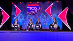 Panelists during Truckload 2022 discussed the realities of autonomous trucking. Pictured (Left to Right) are Wiley Deck, VP of government affairs and public policy, Plus.ai; Charlie Jatt, head of commercialization for trucking, Waymo; Dima Kislovskiy, VP of truck programs, Aurora; and session moderator Dave Williams, Senior VP, equipment and government relations, Knight-Swift Transportation.