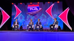 Panelists during Truckload 2022 discussed the realities of autonomous trucking. Pictured (Left to Right) are Wiley Deck, VP of government affairs and public policy, Plus.ai; Charlie Jatt, head of commercialization for trucking, Waymo; Dima Kislovskiy, VP of truck programs, Aurora; and session moderator Dave Williams, Senior VP, equipment and government relations, Knight-Swift Transportation. Panelists during Truckload 2022 discussed the realities of autonomous trucking. Pictured (Left to Right) are Wiley Deck, VP of government affairs and public policy, Plus.ai; Charlie Jatt, head of commercialization for trucking, Waymo; Dima Kislovskiy, VP of truck programs, Aurora; and session moderator Dave Williams, Senior VP, equipment and government relations, Knight-Swift Transportation.