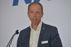 Navistar President and CEO Mathias Carlbaum addresses attendees during a March 23 ribbon-cutting event at the new San Antonio truck plant. Navistar President and CEO Mathias Carlbaum addresses attendees during a March 23 ribbon-cutting event at the new San Antonio truck plant.
