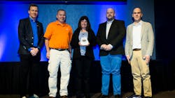 Meijer Logistics was named a 2022 FleetOwner 500 Private Fleet of the Year finalist. Carol Heinowski, the fleet’s outbound logistics manager, was joined on stage by lead dispatcher Jeramy Quick and transportation supervisor Bob Amell; along with Jean-Sebastien Bouchard of Isaac Instruments, left, and Josh Fisher of FleetOwner. Meijer Logistics was named a 2022 FleetOwner 500 Private Fleet of the Year finalist. Carol Heinowski, the fleet’s outbound logistics manager, was joined on stage by lead dispatcher Jeramy Quick and transportation supervisor Bob Amell; along with Jean-Sebastien Bouchard of Isaac Instruments, left, and Josh Fisher of FleetOwner.