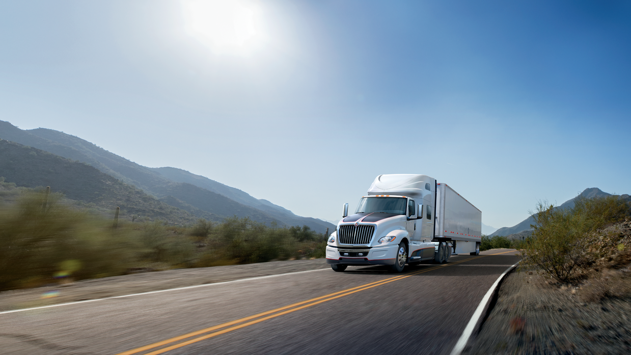 Navistar's International LT on-highway tractor includes aerodynamic devices and features to maximize fuel economy.