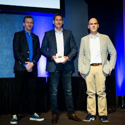 Michael Glover, senior director of shared services for PG&E, accepts the 2022 FleetOwner 500 Private Fleet of the Year award during NPTC 2022. He is joined by Jean-Sebastien Bouchard of Isaac Instruments, the award sponsor, and Josh Fisher of FleetOwner. Michael Glover, senior director of shared services for PG&E, accepts the 2022 FleetOwner 500 Private Fleet of the Year award during NPTC 2022. He is joined by Jean-Sebastien Bouchard of Isaac Instruments, the award sponsor, and Josh Fisher of FleetOwner.