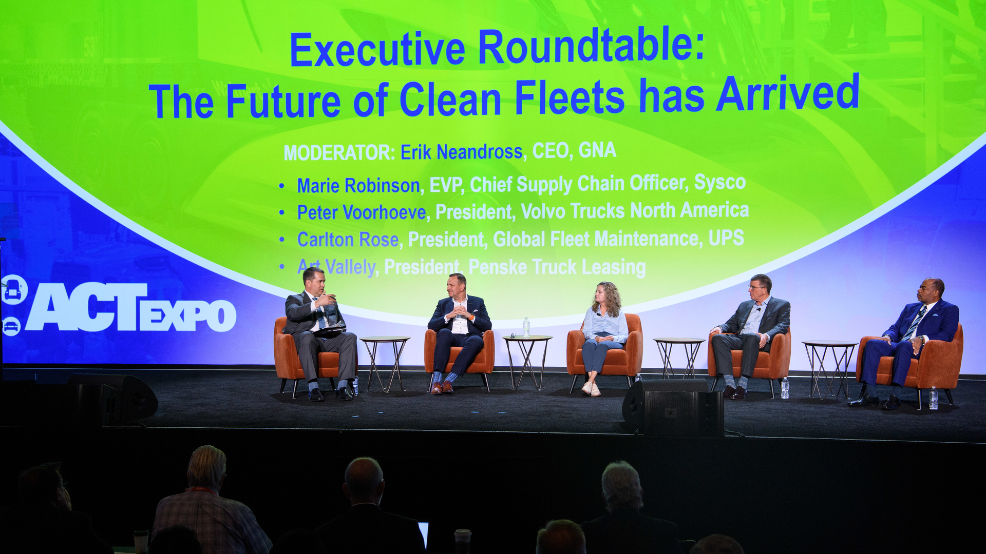From left, Erik Neandross, GNA CEO; Peter Voorhoeve, VTNA president; Marie Robinson, Sysco's EVP, chief supply chain officer; Art Vallely, Penske Truck Leasing president; and Carlton Rose, UPS president of global fleet maintenance.
