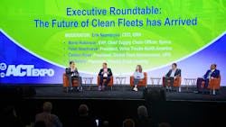 From left, Erik Neandross, GNA CEO; Peter Voorhoeve, VTNA president; Marie Robinson, Sysco's EVP, chief supply chain officer; Art Vallely, Penske Truck Leasing president; and Carlton Rose, UPS president of global fleet maintenance. From left, Erik Neandross, GNA CEO; Peter Voorhoeve, VTNA president; Marie Robinson, Sysco's EVP, chief supply chain officer; Art Vallely, Penske Truck Leasing president; and Carlton Rose, UPS president of global fleet maintenance.