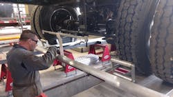 Aligning the rear axle is the final step in what Bee Line calls a “total vehicle wheel alignment.” Aligning the rear axle is the final step in what Bee Line calls a “total vehicle wheel alignment.”