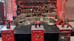 During Pipeline 2022, Milwaukee Tool announced three new products for automotive technicians: the M18 Fuel 1/4' Lockbolt Tool with One-Key (left), the M12 Fuel 3/8' and 1/4' Extended Reach High Speed Ratchets (center), and the REDLITHIUM USB Stick Light with Magnet (right). Behind the new products is an array of the company's automotive tooling solutions.