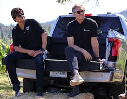 Ford Pro CEO Ted Cannis, at left, and John Buckley, president and CEO of Wilbur Ellis, discuss F-150 Lightning maintenance and other topics during a recent event in Sonoma County, California. Ford Pro CEO Ted Cannis, at left, and John Buckley, president and CEO of Wilbur Ellis, discuss F-150 Lightning maintenance and other topics during a recent event in Sonoma County, California.