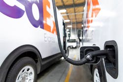 One of the first 150 BrightDrop Zevo 600 electric vehicles delivered to FedEx Corp. awaits a full charge. One of the first 150 BrightDrop Zevo 600 electric vehicles delivered to FedEx Corp. awaits a full charge.