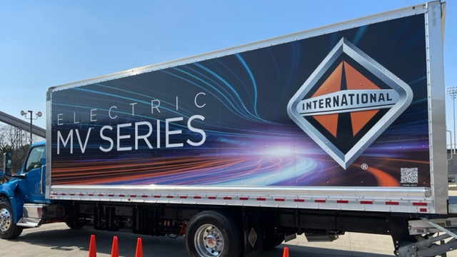 An International MV Series box truck available for attendees to drive in the ride-and-drive area at Work Truck Week 2022 in Indianapolis in March.