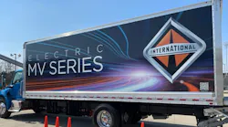 An International MV Series box truck available for attendees to drive in the ride-and-drive area at Work Truck Week 2022 in Indianapolis in March.