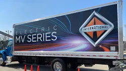 An International MV Series box truck available for attendees to drive in the ride-and-drive area at Work Truck Week 2022 in Indianapolis in March. An International MV Series box truck available for attendees to drive in the ride-and-drive area at Work Truck Week 2022 in Indianapolis in March.