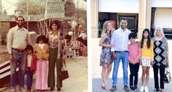 LEFT: Ravinder Basran, with son Raj, daughter Kiran, and wife Mukhtar, during construction of their auto body shop in the 1970s. RIGHT: Raj Basran took over the family business 20 over years ago. He stands in front of the new box truck repair building with his wife Tami, son Kamran, daughter Saranya, and mother Mukhtar.