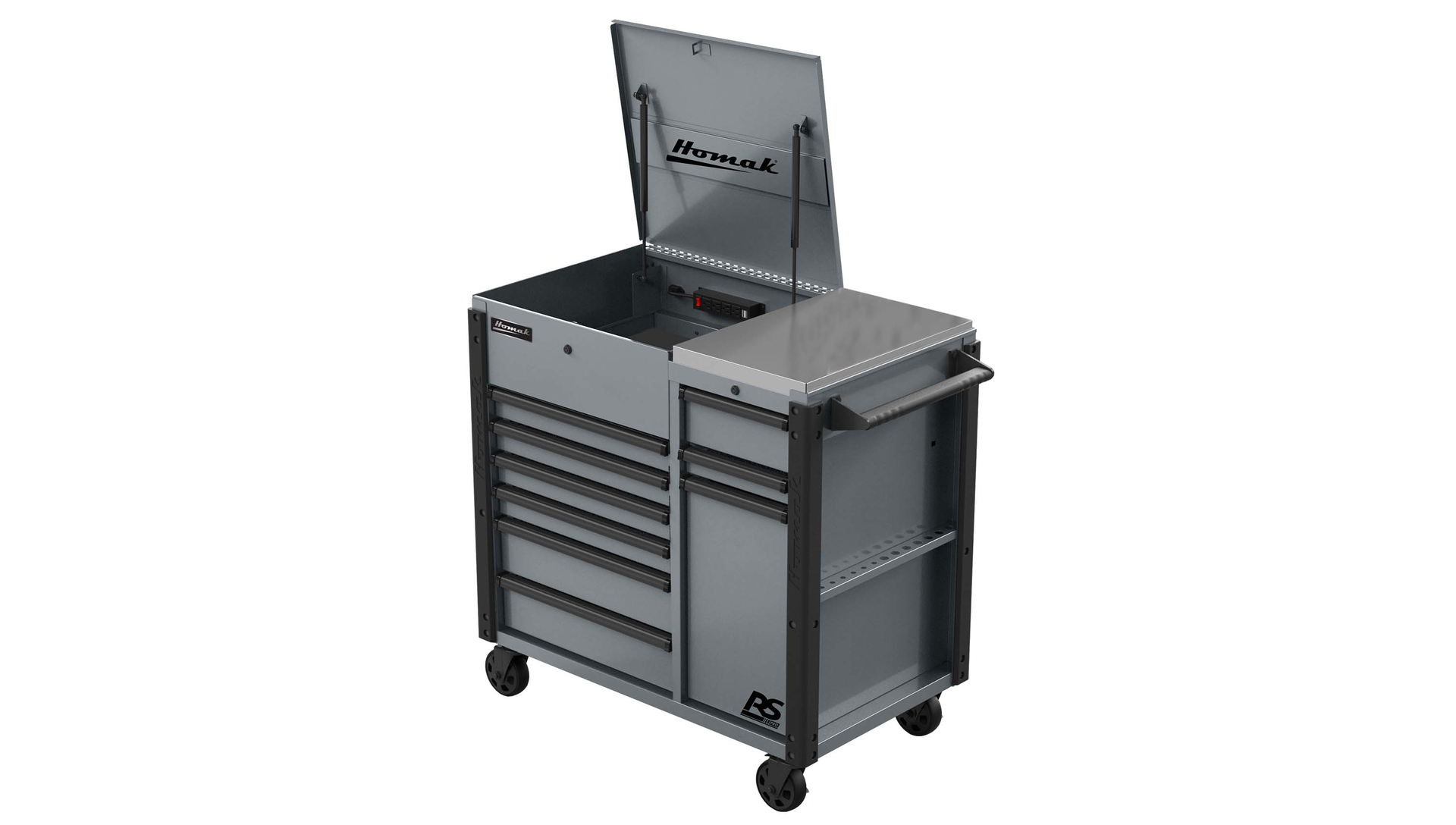 44&Prime; RS Pro 9-Drawer Flip Top Power Service Cart with Workstation from Homak