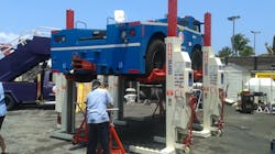 Hawaiian Airlines uses Stertil-Koni’s Mobile Column Lifts to perform maintenance on a pushback tractor. Hawaiian Airlines uses Stertil-Koni’s Mobile Column Lifts to perform maintenance on a pushback tractor.