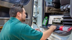 By plugging into a truck’s OBD-II port, a technician can pull relevant aftertreatment data such as temperature to troubleshoot issues. By plugging into a truck’s OBD-II port, a technician can pull relevant aftertreatment data such as temperature to troubleshoot issues.