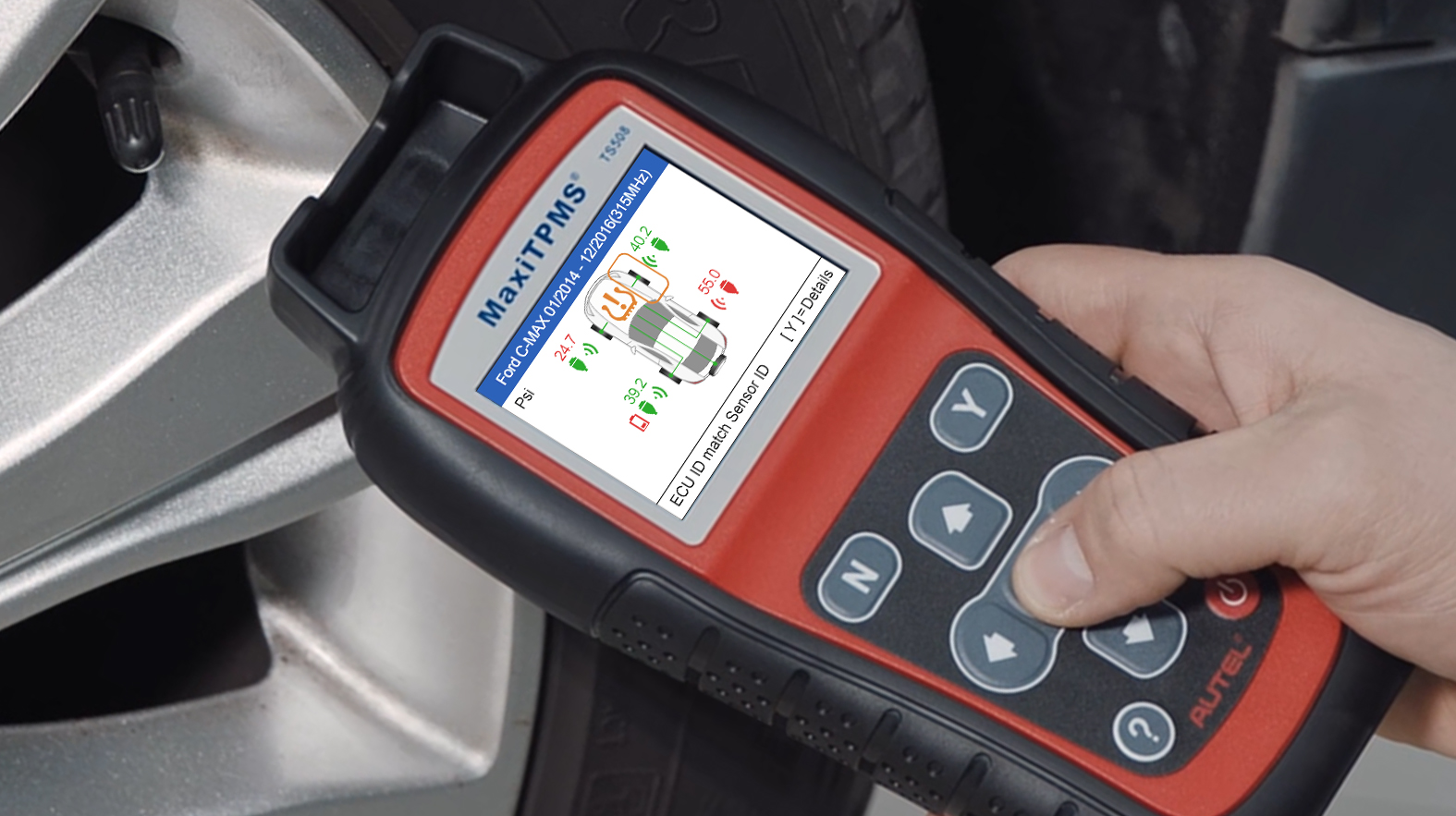 The Autel MaxiTPMS TS508. According to Autel, the TS508 can activate all known TPMS sensors, as well as read sensor status, program sensors, and perform relearns.
