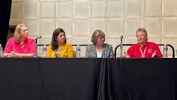 (From left) Stephanie Chesney, partner and transportation defense attorney at MG+M Law Firm; Donna Fielding, director of safety, intermodal at J.B. Hunt; Jill Snyder, director of safety and compliance, Zonar; and Jeana Hysell, senior safety consultant, J.J. Keller &amp; Associates, offer safety tips for fleets during the 2022 Women In Trucking Accelerate Conference &amp; Expo in Dallas.