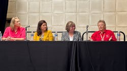 (From left) Stephanie Chesney, partner and transportation defense attorney at MG+M Law Firm; Donna Fielding, director of safety, intermodal at J.B. Hunt; Jill Snyder, director of safety and compliance, Zonar; and Jeana Hysell, senior safety consultant, J.J. Keller & Associates, offer safety tips for fleets during the 2022 Women In Trucking Accelerate Conference & Expo in Dallas. (From left) Stephanie Chesney, partner and transportation defense attorney at MG+M Law Firm; Donna Fielding, director of safety, intermodal at J.B. Hunt; Jill Snyder, director of safety and compliance, Zonar; and Jeana Hysell, senior safety consultant, J.J. Keller & Associates, offer safety tips for fleets during the 2022 Women In Trucking Accelerate Conference & Expo in Dallas.