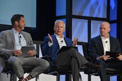 Rob Phillips, left, and Kent Jones, right, look on as Jeff Porter explains 'all arrows point to Mexico' as they discussed near-shoring during a Heavy Duty Aftermarket Dialogue panel. Rob Phillips, left, and Kent Jones, right, look on as Jeff Porter explains 'all arrows point to Mexico' as they discussed near-shoring during a Heavy Duty Aftermarket Dialogue panel.
