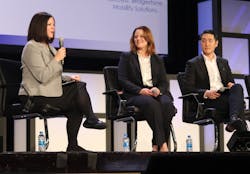 Moderator Emily Poladian, president of Bridgestone Mobility Solutions—Americas (left), asks Julie Alfermann, director of central region sales, Allison Transmission (center) a question as Jack Chung, VP of product management at Noregon Systems, listens. Moderator Emily Poladian, president of Bridgestone Mobility Solutions—Americas (left), asks Julie Alfermann, director of central region sales, Allison Transmission (center) a question as Jack Chung, VP of product management at Noregon Systems, listens.
