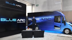 Eric Fisher, VP and general manager of Blue Arc EV Solutions, introduces The Shyft Group&rsquo;s Blue Arc all-electric Class 3 delivery van at last year&rsquo;s Work Truck Show.
