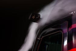 Freightliner SuperTruck II in a wind tunnel with a close-up look at the mirrorless camera system, which improves the vehicle's aerodynamics. Freightliner SuperTruck II in a wind tunnel with a close-up look at the mirrorless camera system, which improves the vehicle's aerodynamics.