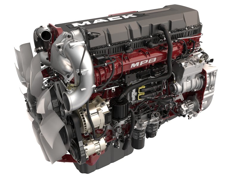 Mack&rsquo;s MP8 engine uses a wave piston design to reduce soot by 90%.