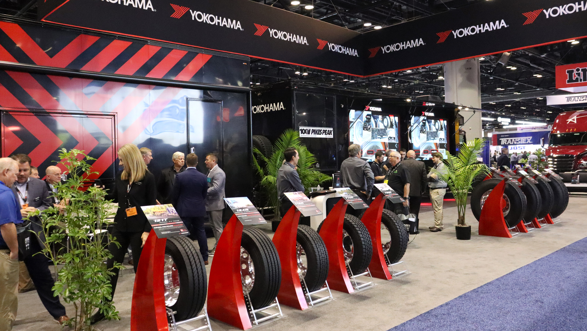 Yokohama Tire display 15 tires during the 2023 TMC Annual Meeting in Orlando, Florida, including three new tires: The 114R trailer tire, 716U UWB drive tire, and 121T 17.5-in. tire.