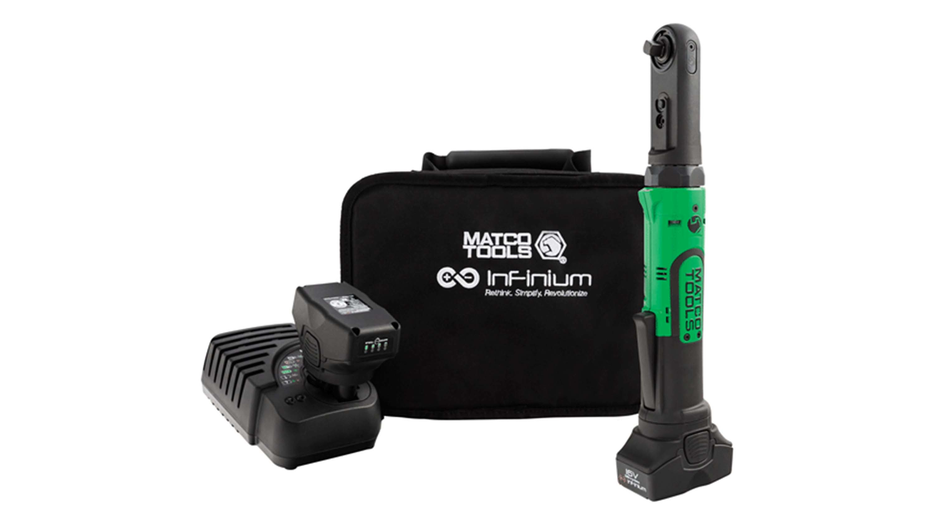 The 16V Cordless Infinium 3/8' Sealed Head Ratchet Kits from Matco Tools is available in three colors.