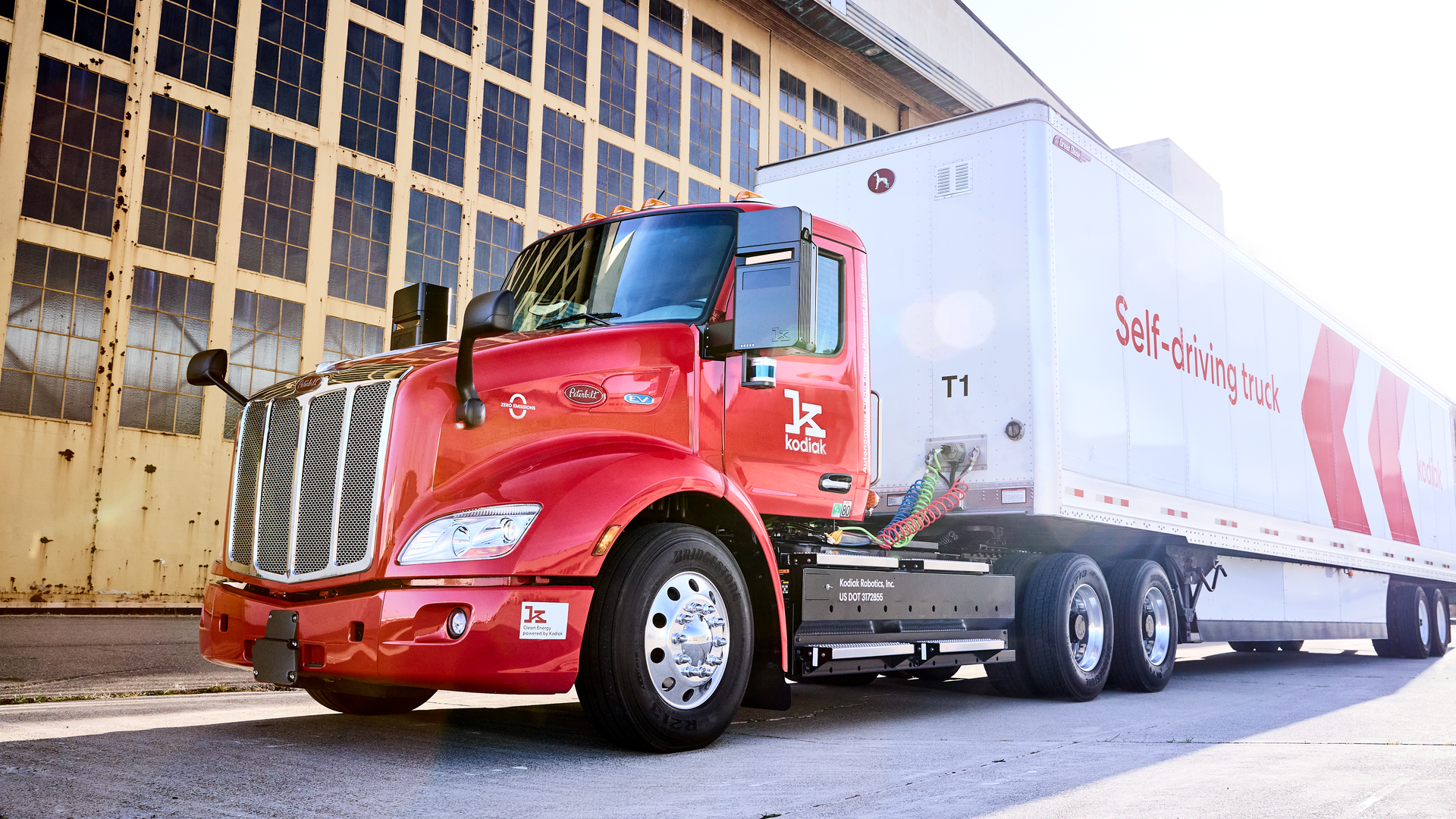 Kodiak Robotics upfitted this battery-electric Peterbilt Model 579EV with the Kodiak Driver autonomous hardware and software technology.
